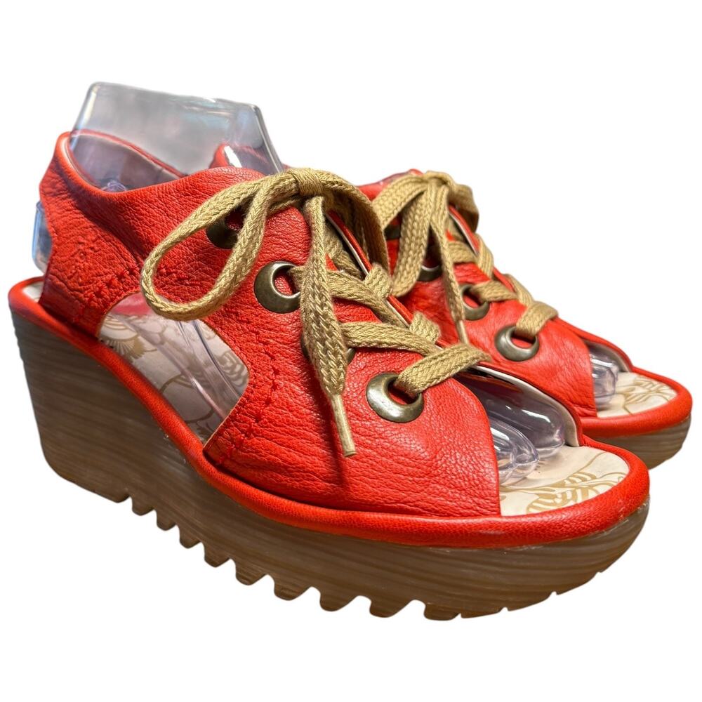 FLY LONDON Yifa Women's 37/US 6.5 Orange Leather Wedge Sandals Lace Up Comfort - Picture 3 of 15